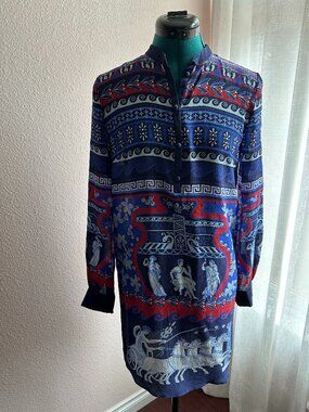 Mary Katrantzou Long-Sleeve Silk Tunic Roman-Style Pattern Size 4